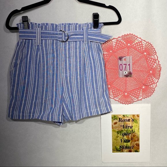 Sapphire Red Paper bag Linen High Waisted Striped Blue/White Short w/Belt - Picture 2 of 8